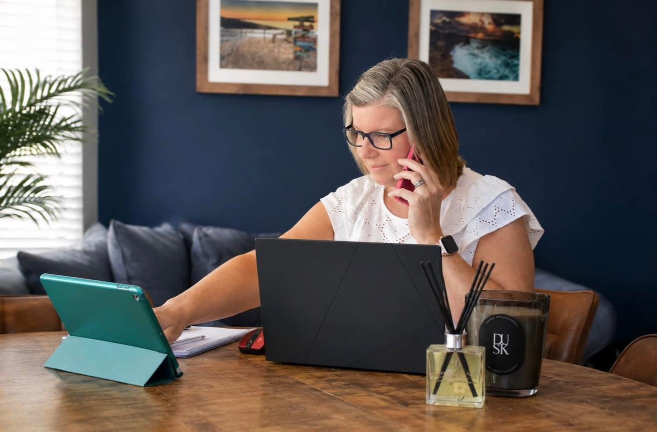 Sian Williams of Oakmyre working at her desk